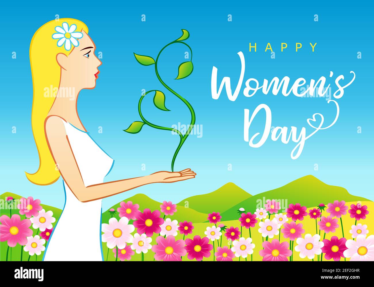 8 März, Happy Women's Day schöne Frau Grußkarte. Vektor-Illustration für den Internationalen Frauentag mit Schriftzug und schönen Frauen`s Stock Vektor